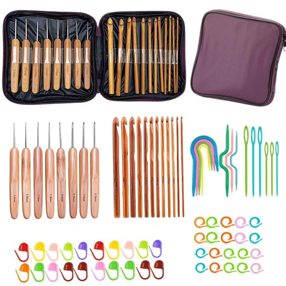 Sewing Necessities - ชุดเข็มโครเชต์ไม้ไผ่ 74 ชิ้น พร้อมอุปกรณ์ถักไหมพรม เย็บปักถักร้อย พร้อมกระเป๋าเก็บแบบพกพา