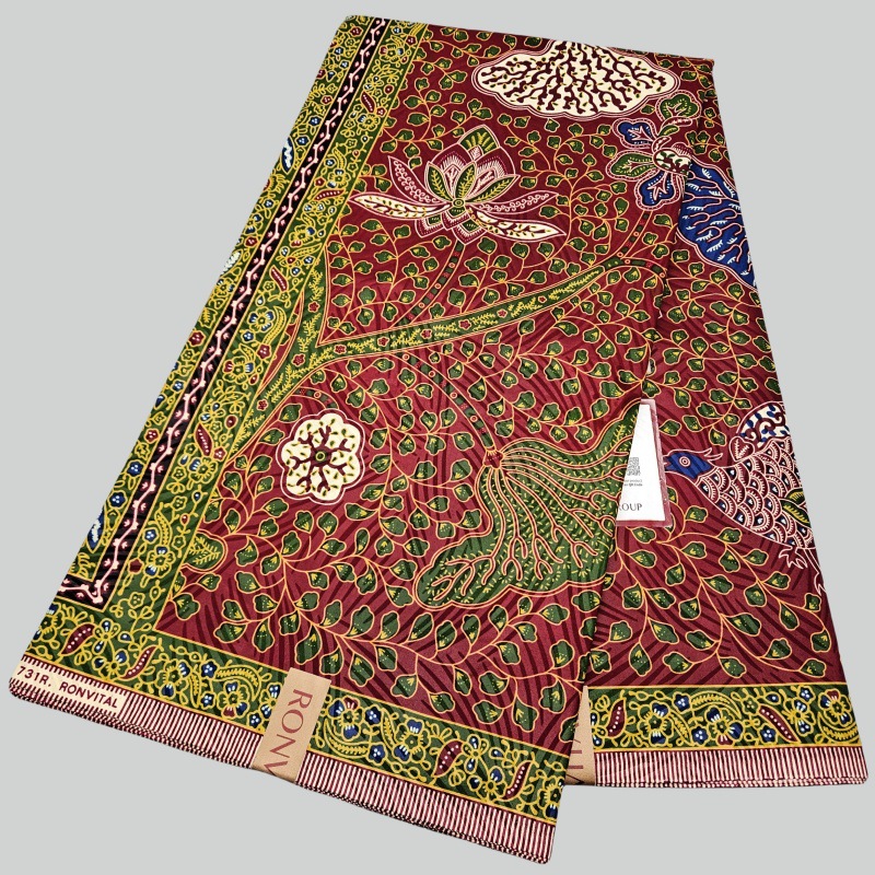 Sewing Batik Fabric - ผ้าบาติกแอฟริกันสีแดงพิมพ์ลายใบไม้สีเขียว ขนาด 46 นิ้ว * 6