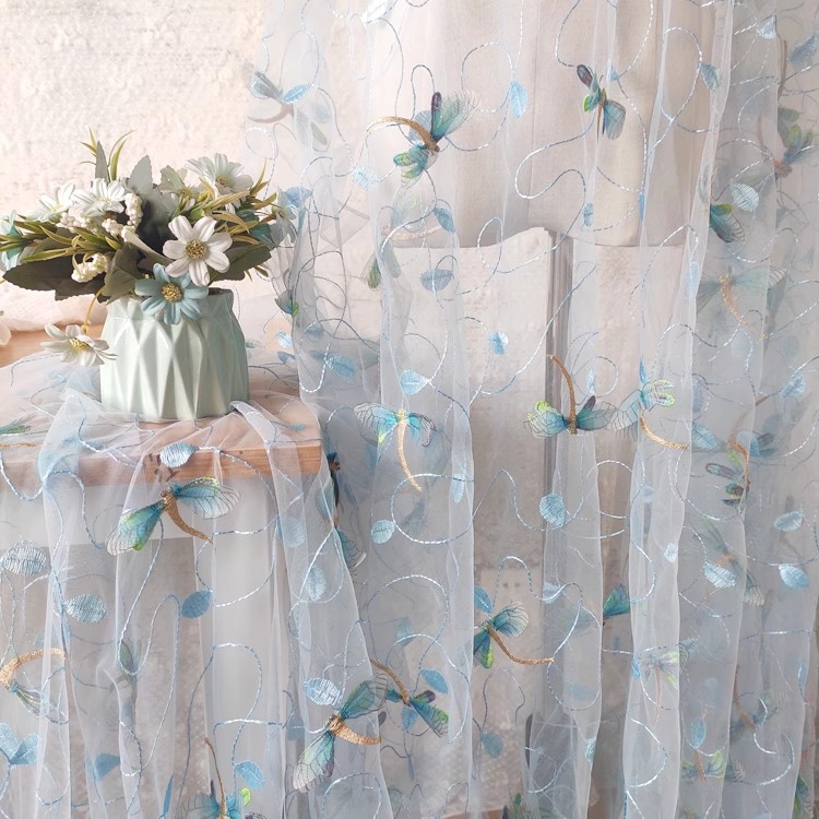 Sewing Embroidery Fabric - ผ้าตาข่ายสีฟ้าชมพู 1 หลา ปักลายสามมิติ สำหรับตัดเย็บชุดแต่งงาน ผ้ากี่เพ้าสำหรับทำเสื้อผ้า