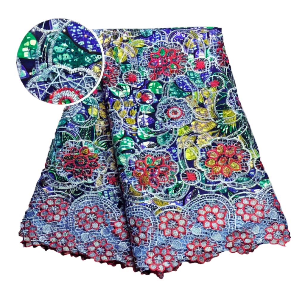Sewing Batik Fabric - ผ้าลูกไม้แว็กซ์แอฟริกันผสมกลิตเตอร์ 100% ผ้าฝ้าย 5 หลา ปักลาย