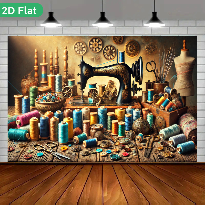 Sewing Machine In Textile - งานศิลปะตกแต่งผนังสไตล์วินเทจเรโทร ลายเครื่องจักรเย็บผ้าสตีมพังค์ ตกแต่งห้องด้วยผ้าและม้วนด้าย