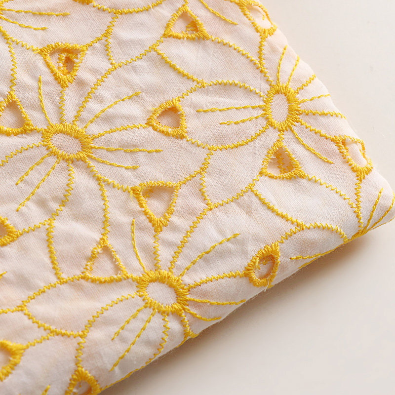 Sewing Eyelet Fabric - ผ้าลูกไม้ปักลายฉลุ 100% คอตตอน สีเหลือง ลายดอกไม้โปร่งแสง เนื้อนุ่ม