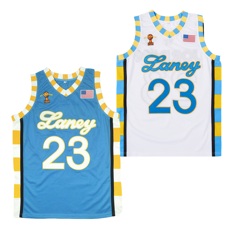 Sewing Technology - เสื้อบาสเก็ตบอลโรงเรียนมัธยม LANEY 23 SPACE JAM เสื้อเจอร์ซีย์เย็บปักถักร้อยคุณภาพสูงชุดกีฬากลางแจ้งสีฟ้าสีขาวสีเหลือง